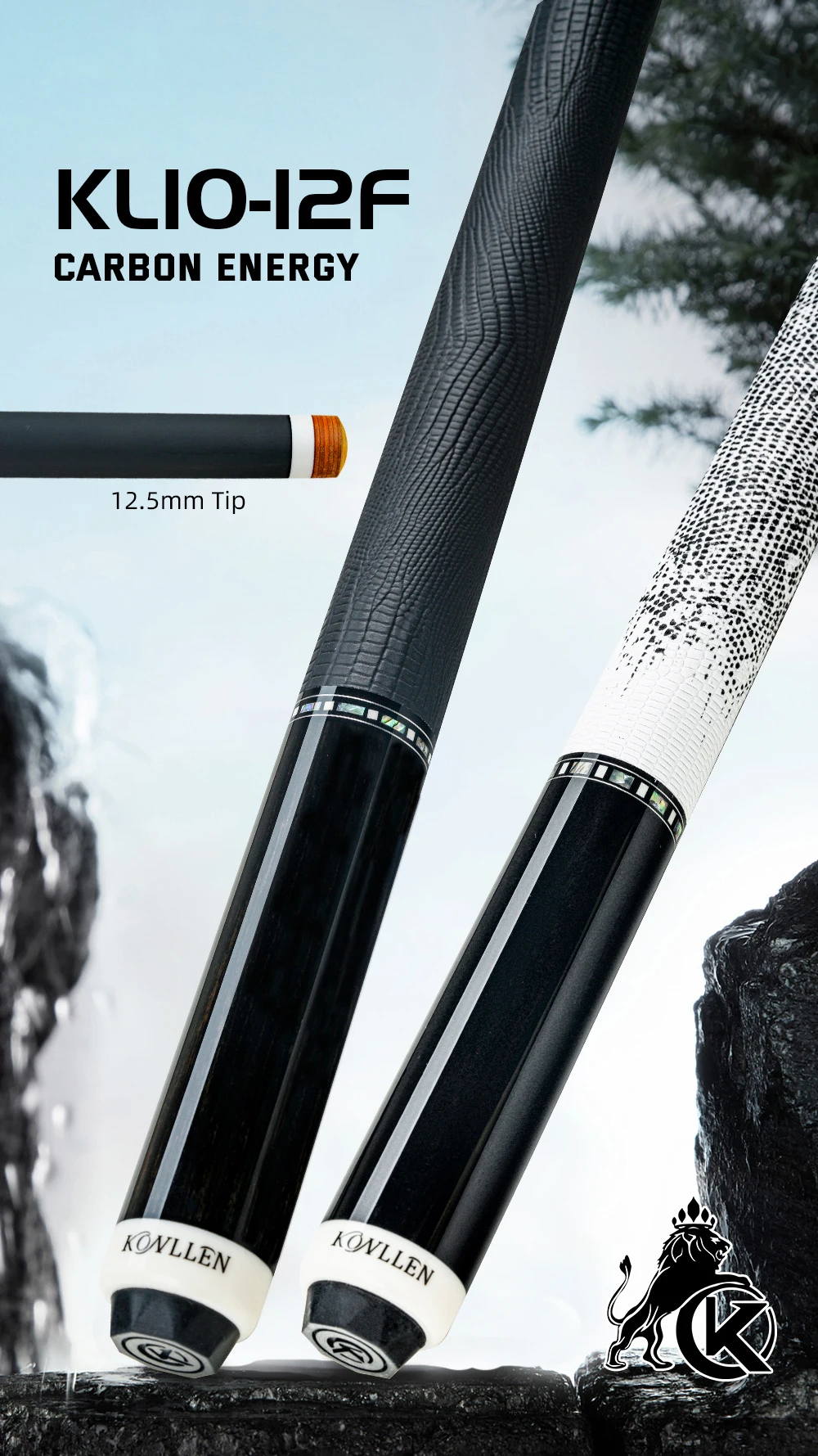Billardqueue mit Carbonfaser-Schaft, geringer Abweichung, Griff mit Echsenmuster, 58 Zoll, 12,5 mm Spitze, 3/8x8 Verbindung, 8/9 Ball, KONLLEN – Detail 1