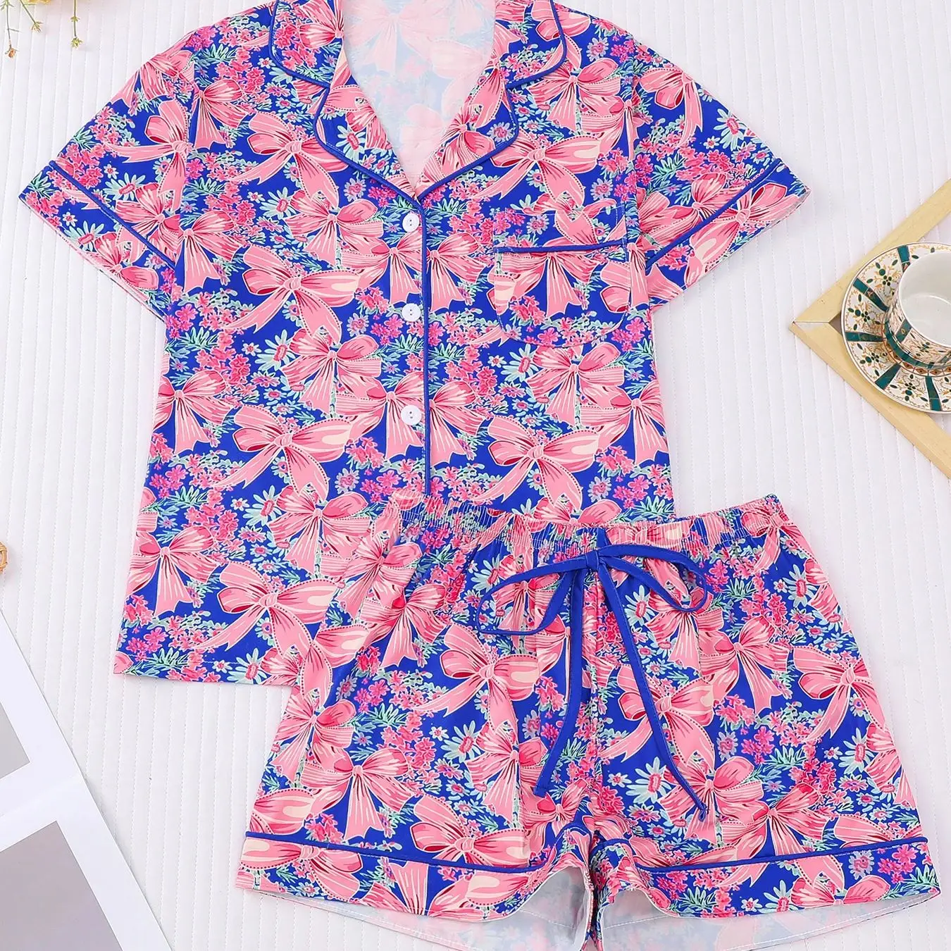 Fresh Blue Bow Element Sleepwear Summer Loose Short Sleeved+Shorts Skin Friendly Breathable Two-Piece Set
