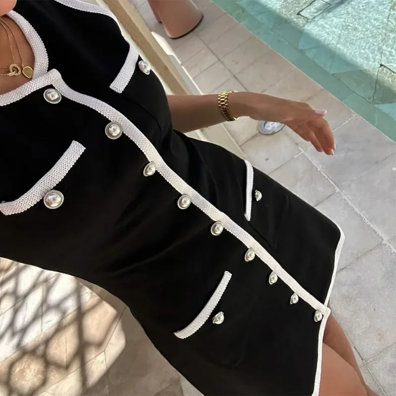 ニットハイウエストパッチワークミニドレス女性のエレガントなノースリーブニットドレス新ファッションポケットカーディガンミニドレス