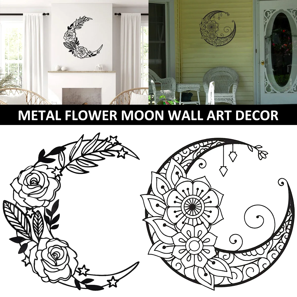 Rose Flower Moon Wall Decor 30CM Metal Wall Hanging Sign Unique Mandala Flower Moon Wall Sign Durable Wall Arts Pendant for