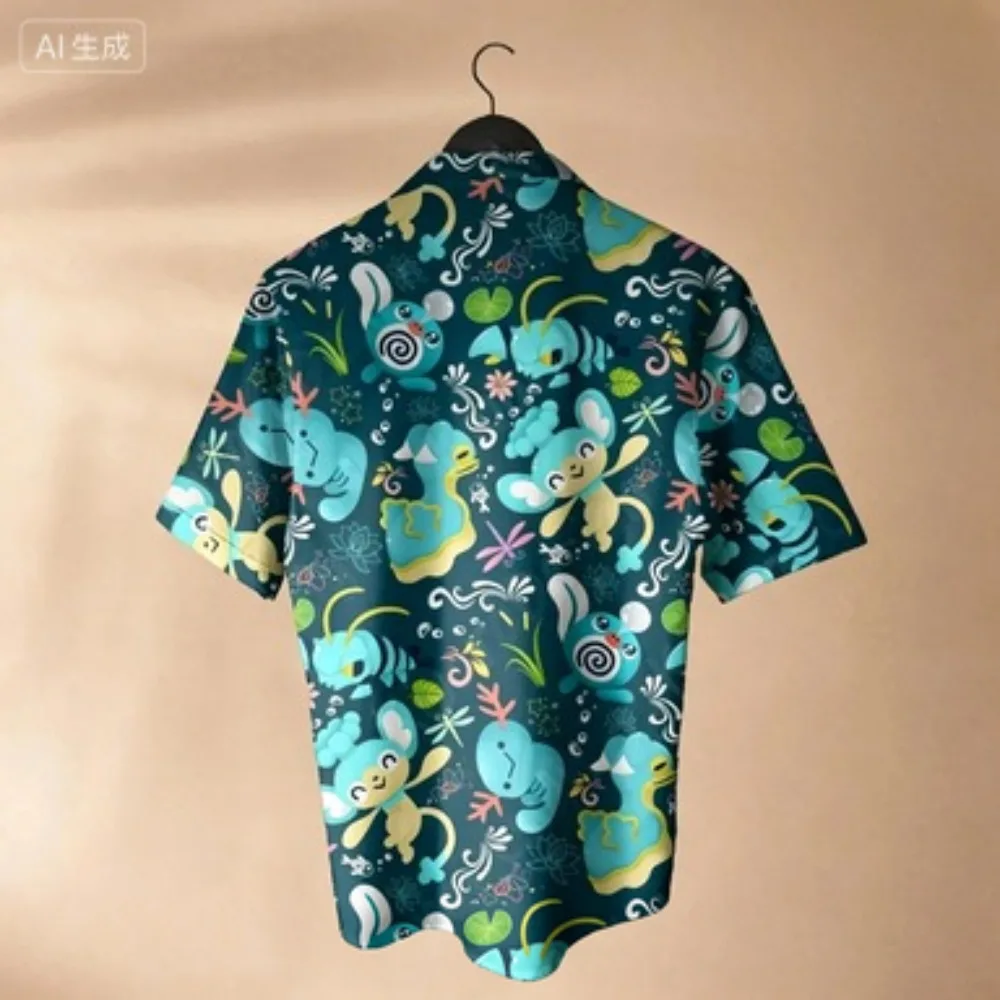 Summer Pond Wind Dragonfly Lotus Water System Elf Cartoon Print Japanese Loose Beach Couple Casual Shirt