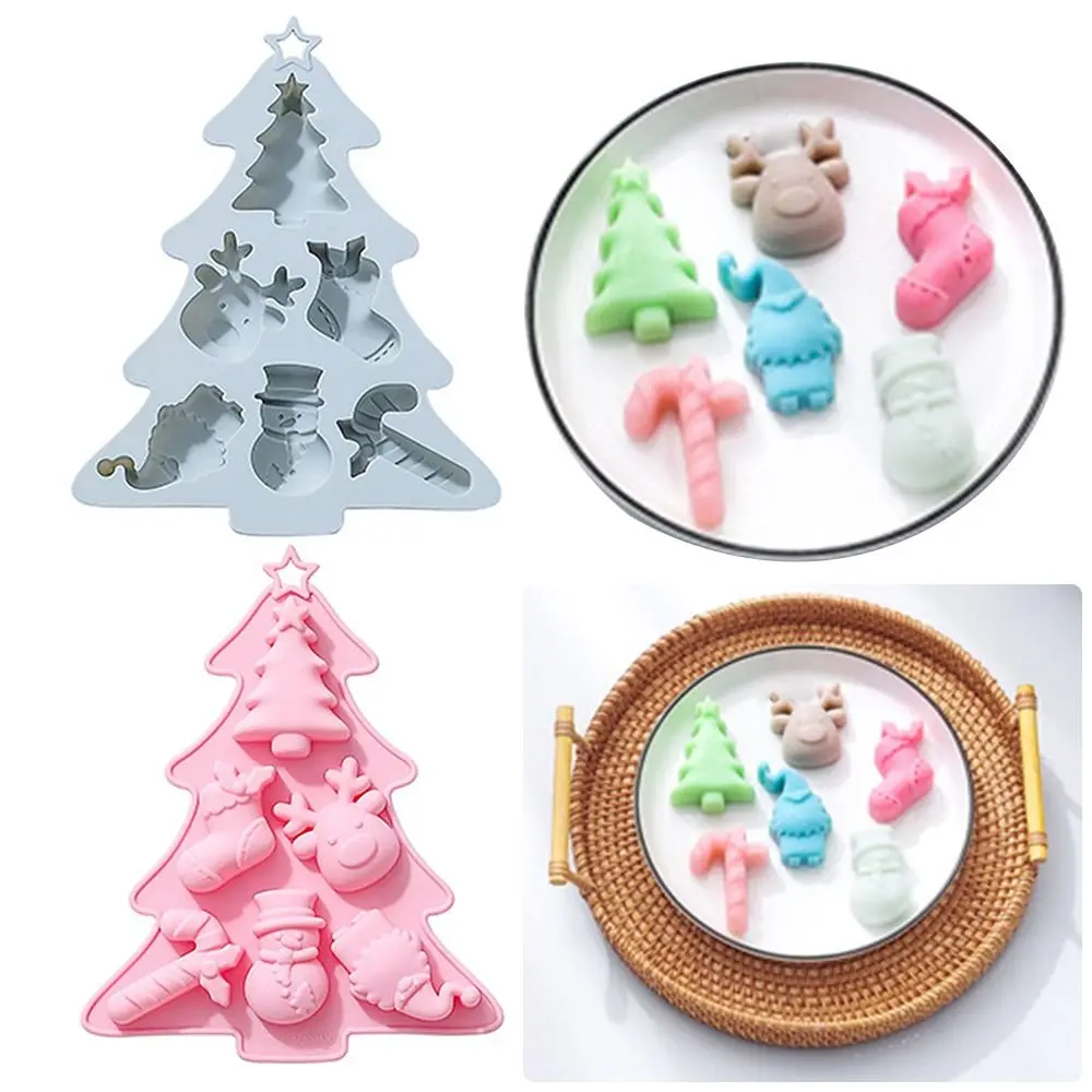 6 Cavity Chocolate Cake Mold Baking Pan Soap Mould Christmas Snowman Santa Claus Tree Silicone Mold Socks Elk Crutch