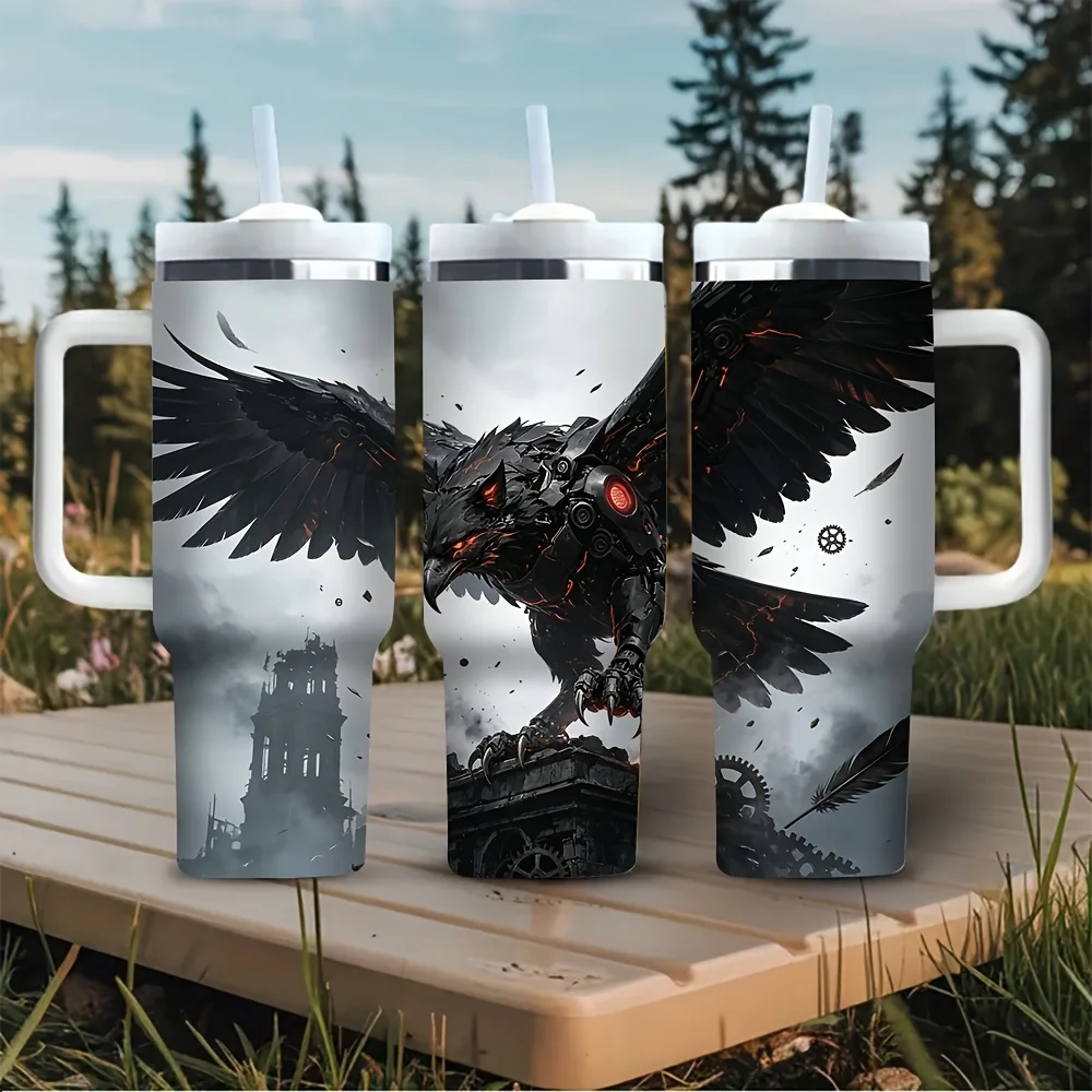 40oz Tumbler with Handle, Features Dark Mechanical Crow Print, Fits Both Hot and Cold Drinks, Perfect for Crow and Dark Style Lovers, Suitable for Outdoor Travel Daily Office and Picnic Scenarios