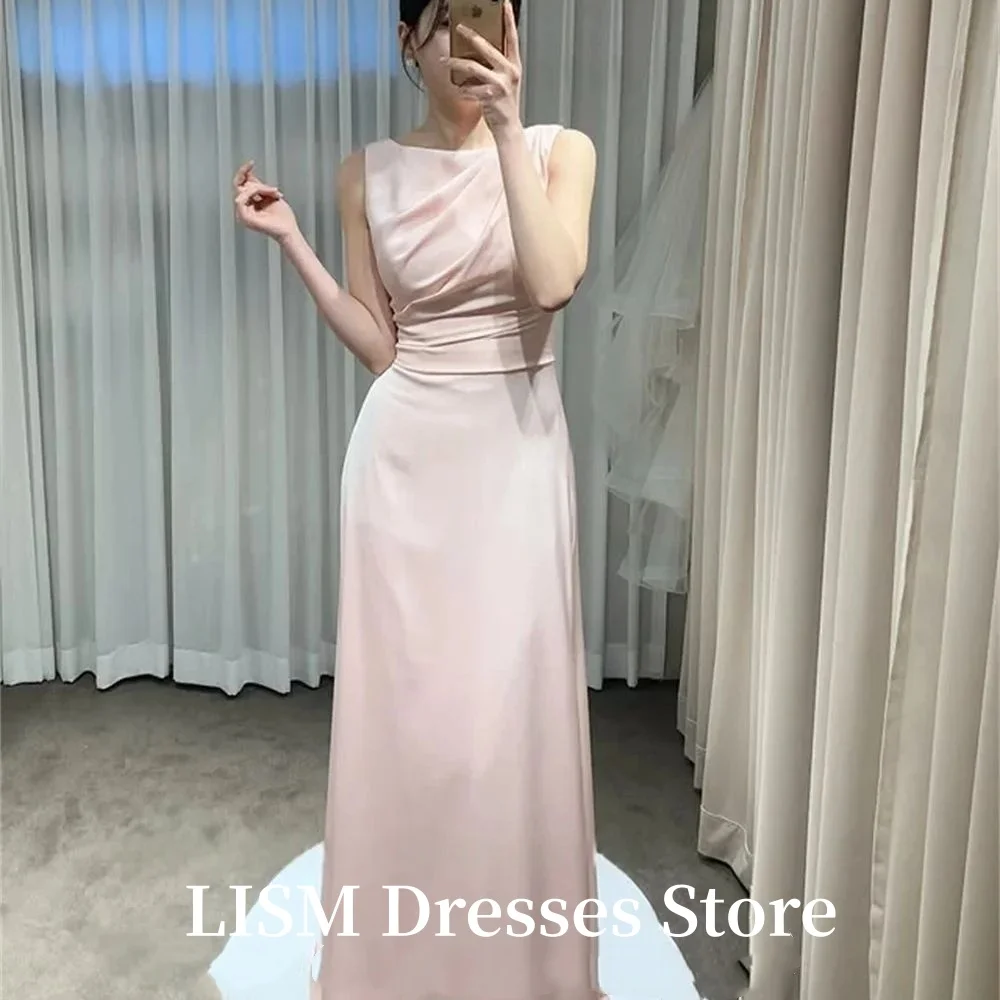 LISM 맞춤형 베이비 핑크 O넥 프리미엄 새틴 이브닝 드레스 한국 촬영용 스트레이트 롱 포멀 파티 저녁 드레스