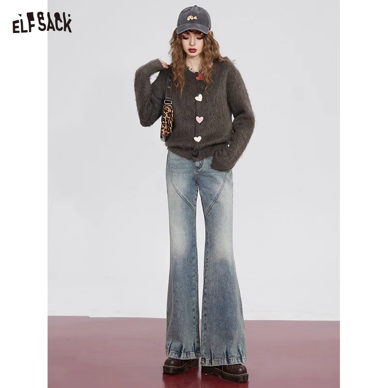 ELFSACK 2000s Korean Fashion Flared Trousers Women 2023 Winter New Designer Luxury Jeans