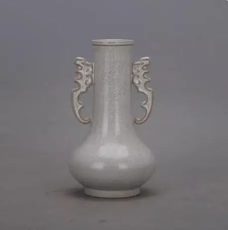 Antique ornament: Garlic-head shaped vase with double ears  moon-white glaze and crackle pattern from Ruyao Kiln in the Song