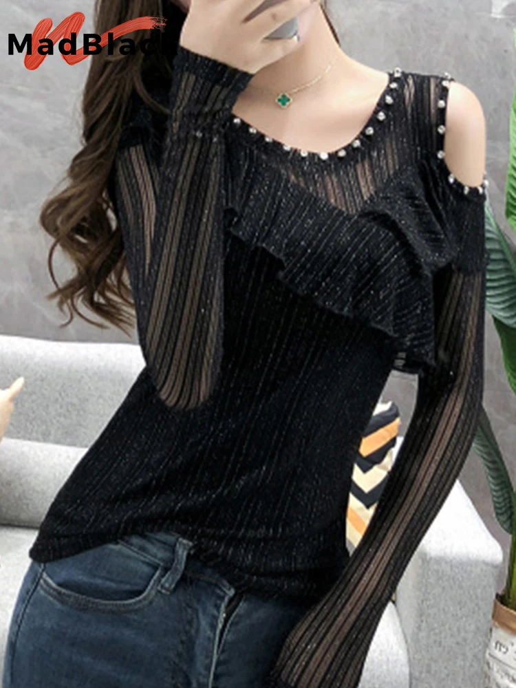 

Retro 2022 Autumn New O-Necks Tshirt Slim Rivet Mesh Patchwork Long Sleeve Sexy Bottoming T-Shirts Tops T29327X