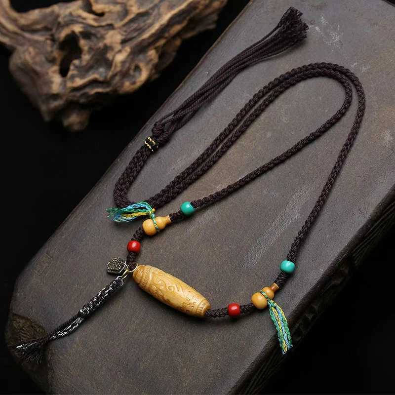 Backflow Bone Nine- Clavicle Chain, Agate Five-Eyed Dzi Bead, Copper Accessories, Braided Rope Necklace