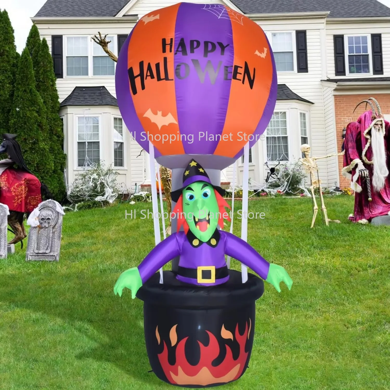 

Hot Selling 7FT Halloween Inflat le Ghost Decorations Witch Riding in a Colorful LED Lights Hot Air Balloons