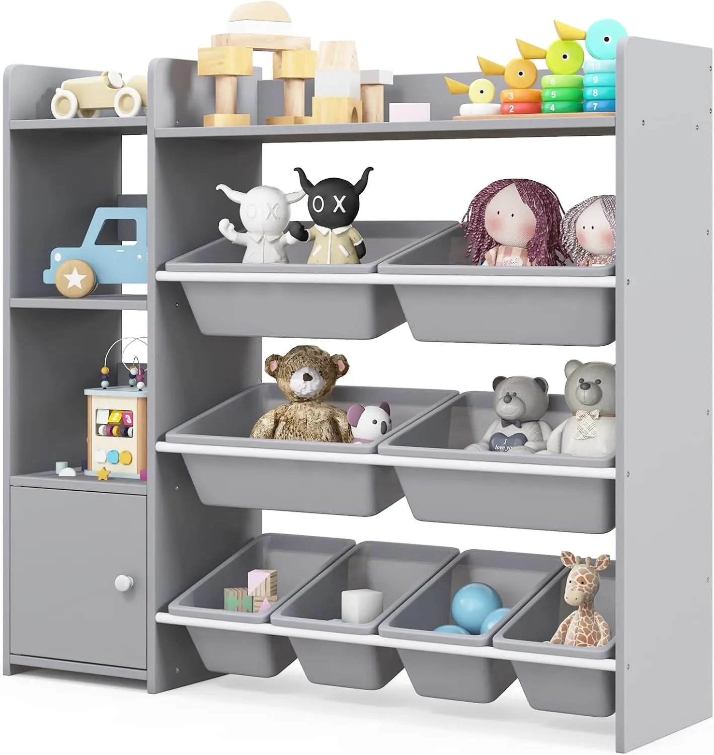 Kids Toy Storage Organizer, 4-Tier Kids Bookshelf with 8 Toy Organizer Bins, Montessori Shelf with Large Cabinet, Toddler Book S