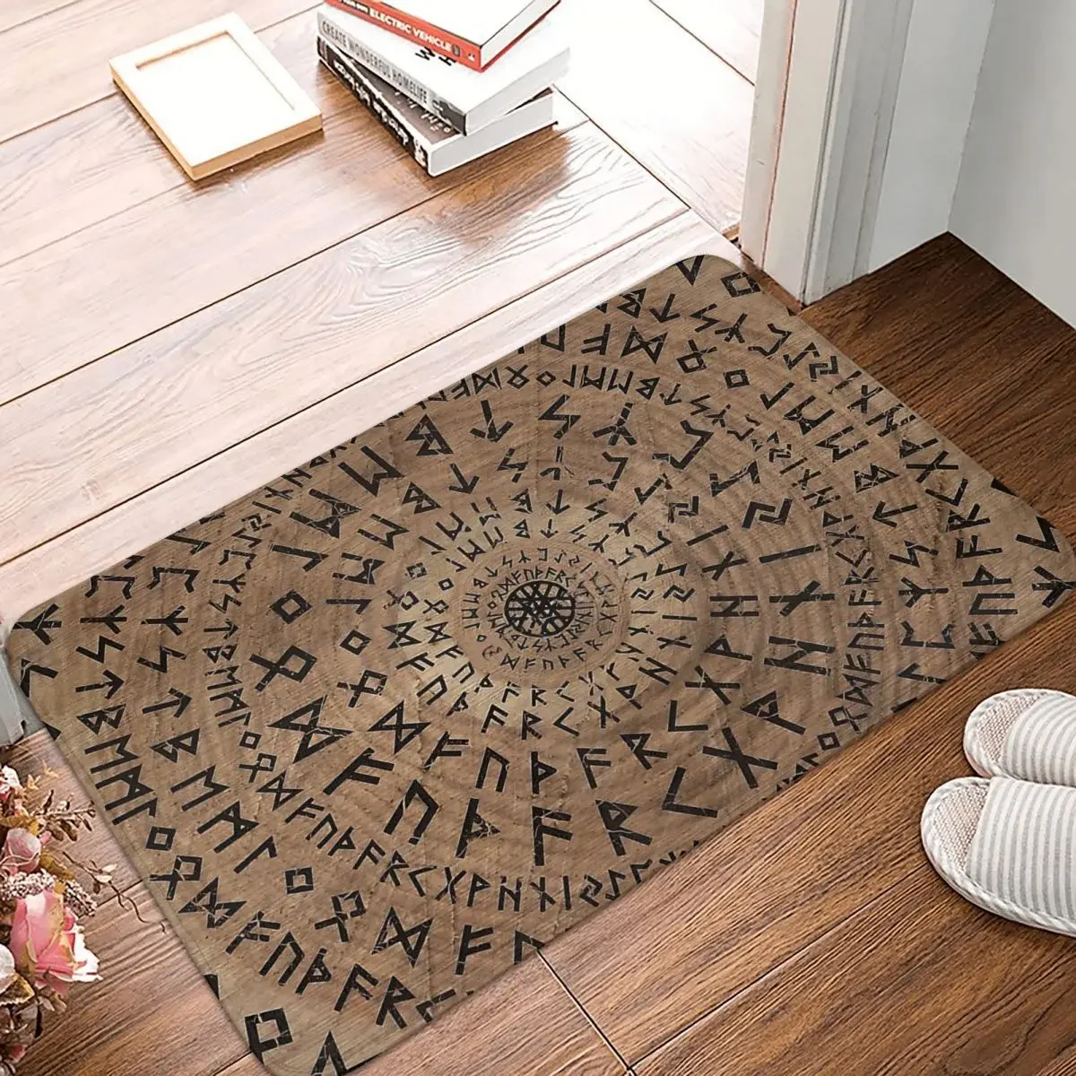 Viking Valhalla Anti-Slip Rug Doormat Bath Mat Elder Futhark Circular Balcony Carpet Entrance Door Decor