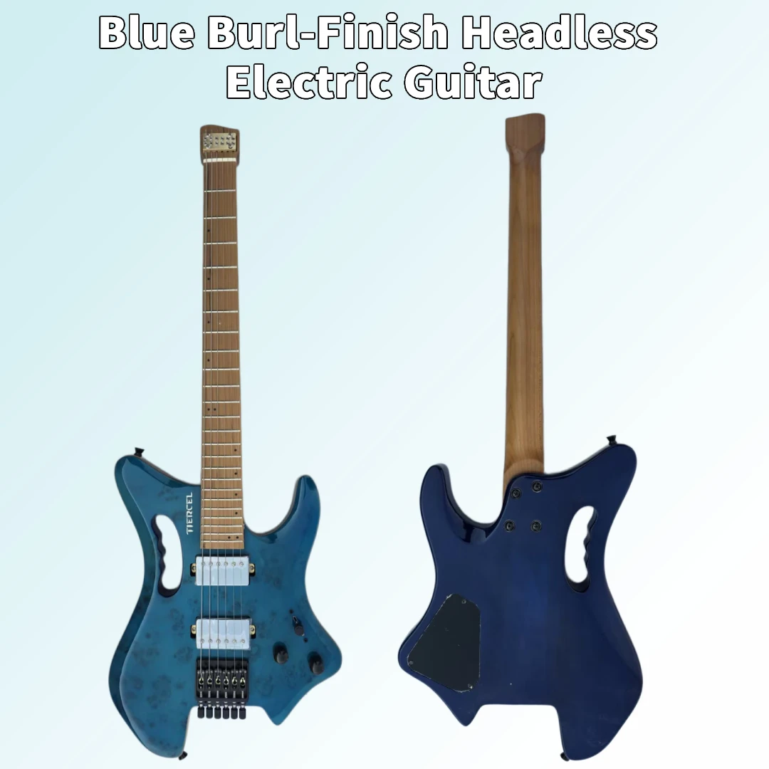 Burl-patterned veneer, blue headless electric guitar, beginner electric guitar, band guitarist, ideal for rock music view 5