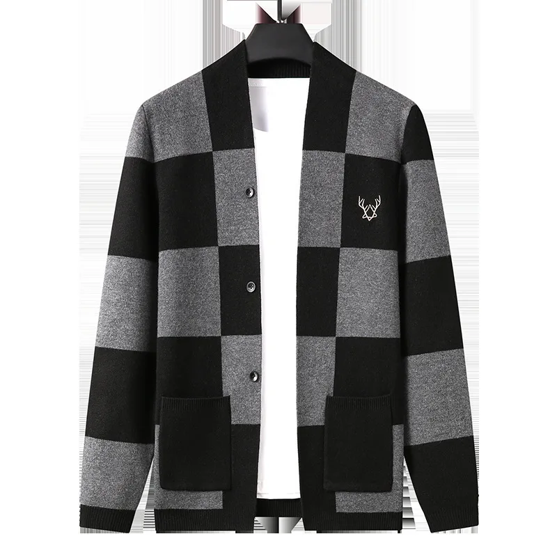 Men's New Autumn Single-row Button Long Sleeve Knitted Cardigan Youth Korean Plaid Trend Men's Sweater Coat