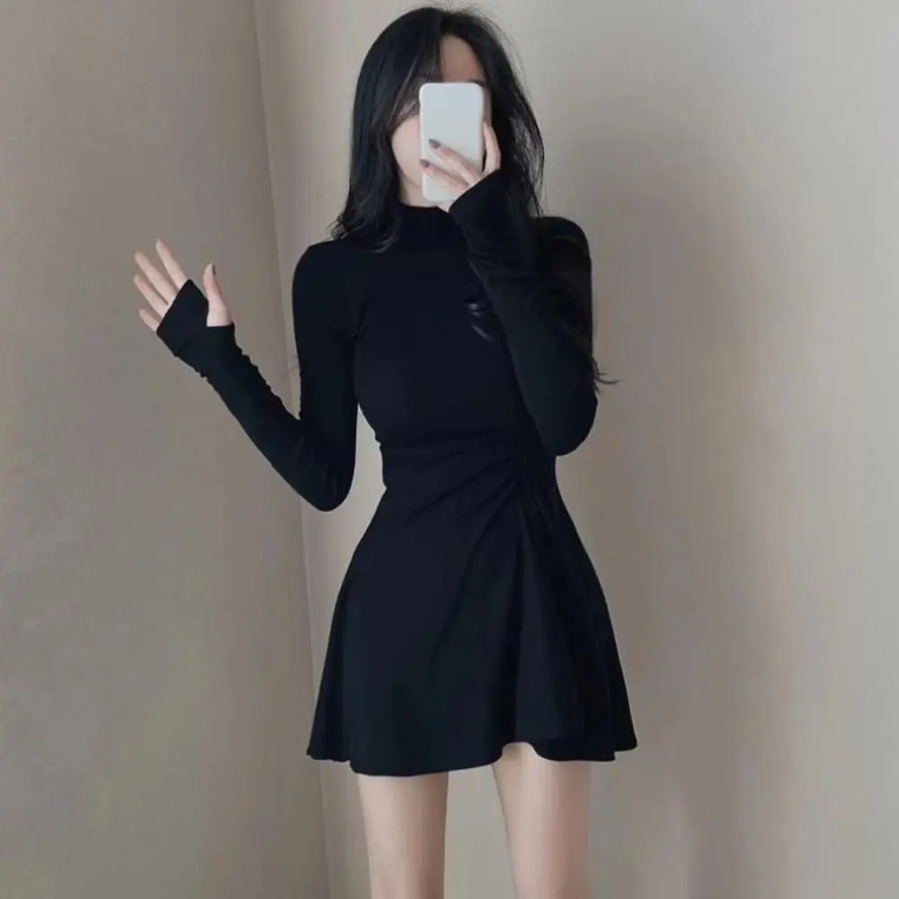 Long Sleeved Christmas Red Dress A-line Short Skirt Girls Irregular Dress Half High Collar Pleated Slim Thin Dress Ladies/Girl