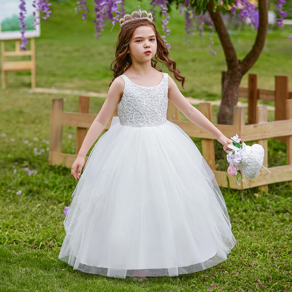 Teen White Bridesmaid Flower Girl Dresses Long Satin Striped Princess Party Wedding Dress for Girls Bride Costume Clothes 8 12 Y