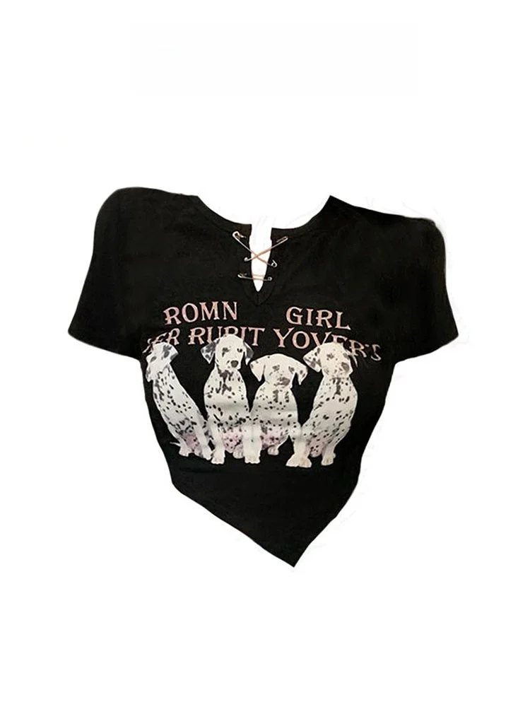 Cseta de Verano de Manga Corta para Mujer, Estampado de Dibujos Animados, Cuello en V, Corte Ajustado, Corta, Moderna y Ca...