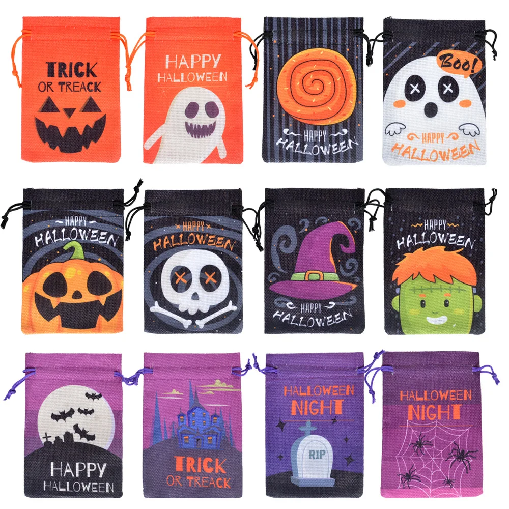 50pcs/lot 10*15cm Halloween Gift Bags Drawstring Burlap Linen Bags Children's Party Storage Pouches Packaging Bag