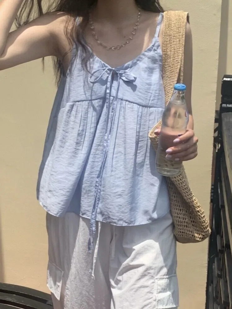 Sweet Youthful Light Blue Drawstring  Knot Pleated Strap Top Women's Summer New Style Korean Style Inner Wear Shirt