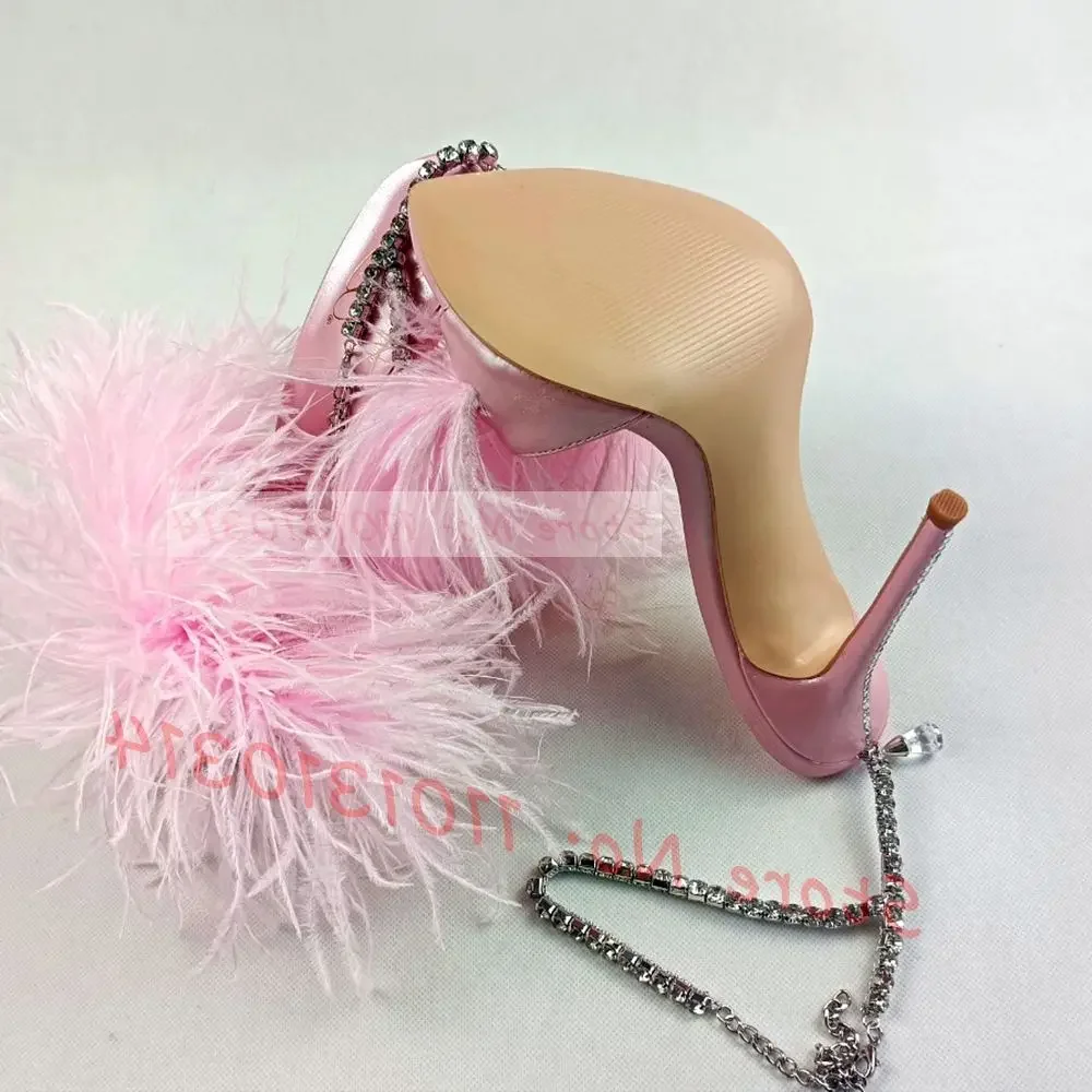 

Pink Feather Crystal Wrap Sandals With High Heels Luxury Women Summer Sweet Shiny Shoes Design Ladies Luxury Elegant Sandals