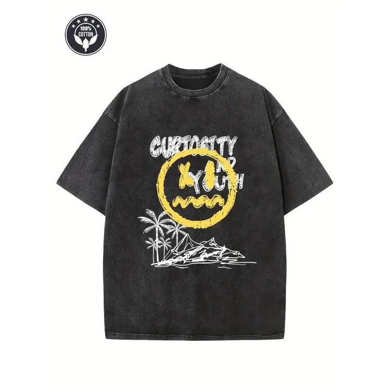 

Vintage Cotton "Curiosity Killed the Cat" T-Shirt Oversized Funny Melty Smiley Face Graphic Tee Streetwear Top for Men and Women