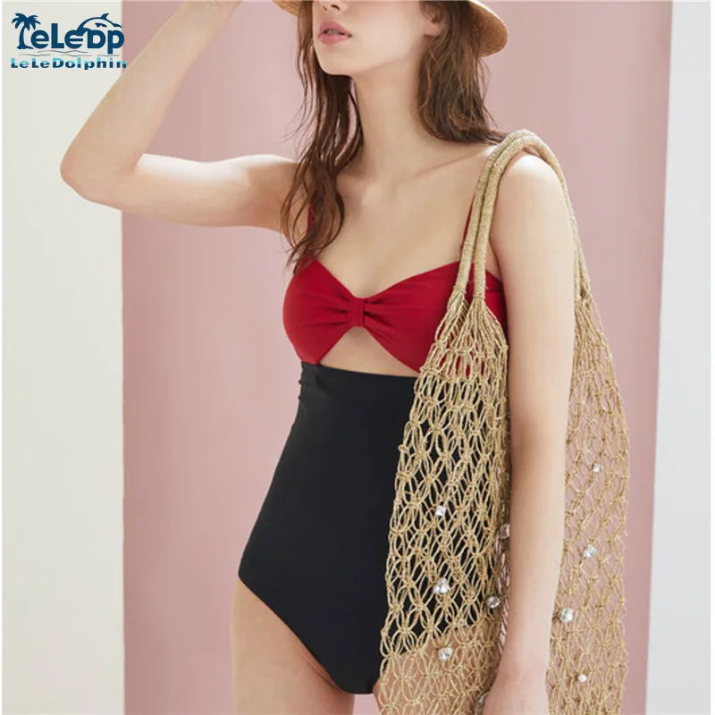 LeLeDolphin Contrast Color Small Fragrant Style Girl Shoulder Suspender High Waist Belly Cover One-piece Swimsuit One Piece Sexy