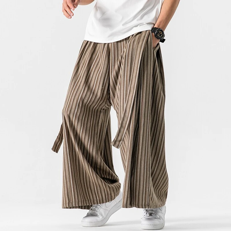 Oversized Men Casual Wide Leg Pants New Arrival 2026 Spring Simple Style Vintage Striped Loose Male Cotton Linen Trousers N074