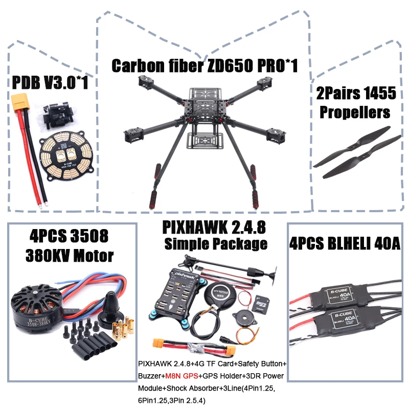 HanNiu ZD650 PRO 650mm Ardupilot Pixhawk Carbon fiber Quadcopter Frame FPV Quad met Carbon Fiber Landing Skid Motor ESC 40A