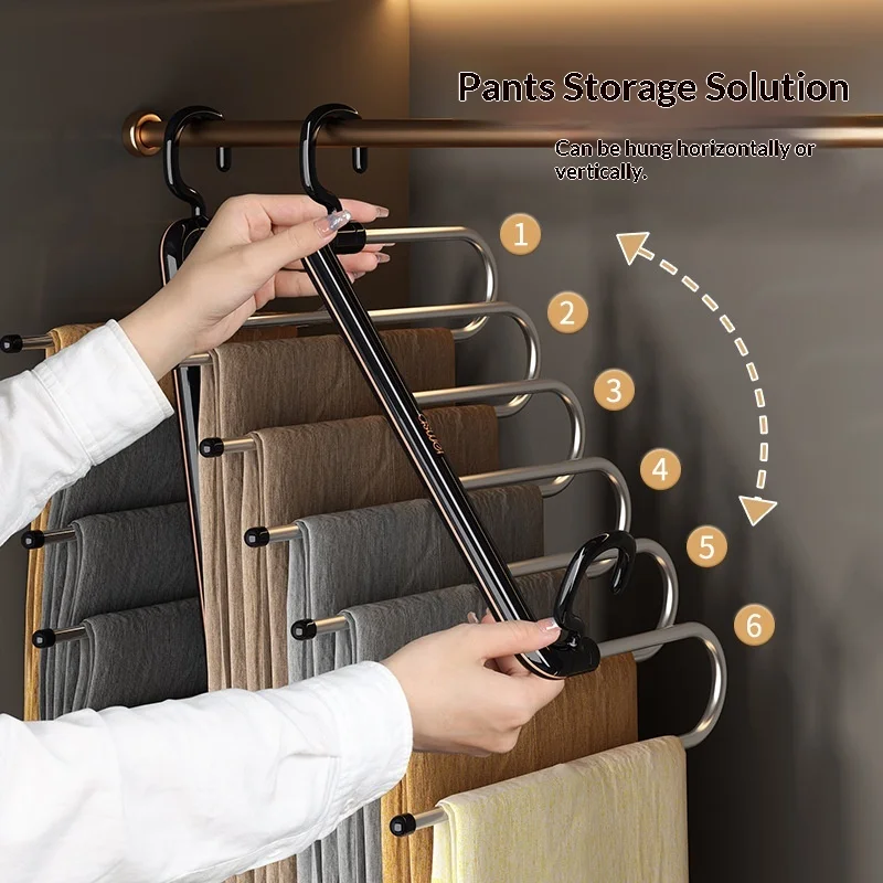 Foldable Pants Hanger for Closet, Multi-Layer Non-Slip Trouser Rack, Space Saving Multifunctional Pants Holder Anti-Scratch