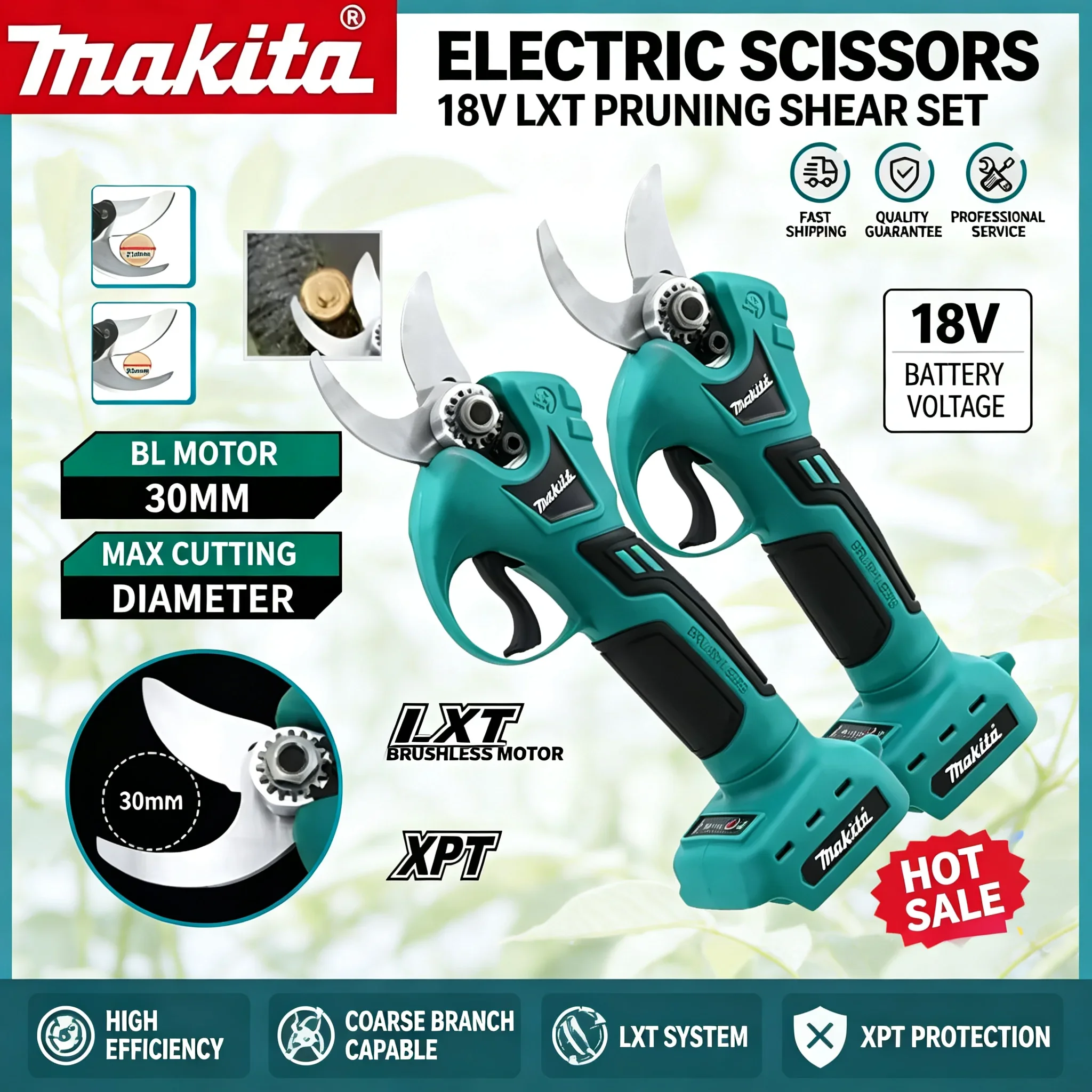 Makita 18V Cordless Electric Pruning Shears, Rechargeable Garden Pruner Scissors Cutter for Tree and Branch Cutting