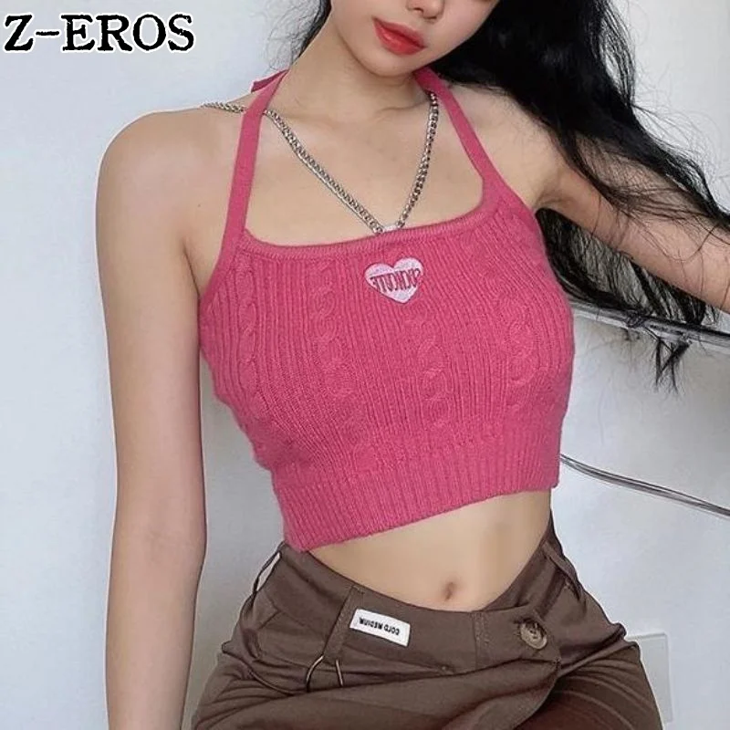 

Z-EROS Metal Chain Y2k Women's Neck Hanging Strap Knitted Top With Crop Top Sweet And Cute Sleeveless Tank Top Slim Fit t-Shirt