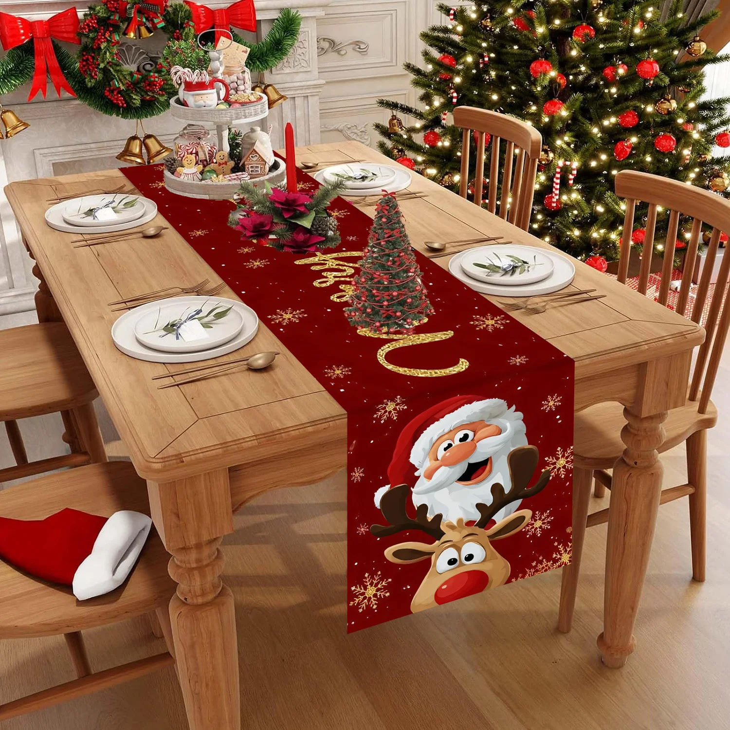 Santa Reindeer Christmas Table Runner,Polyester Red Snowflake Tablecloth, Merry Xmas Home Dining Table Party Decoration