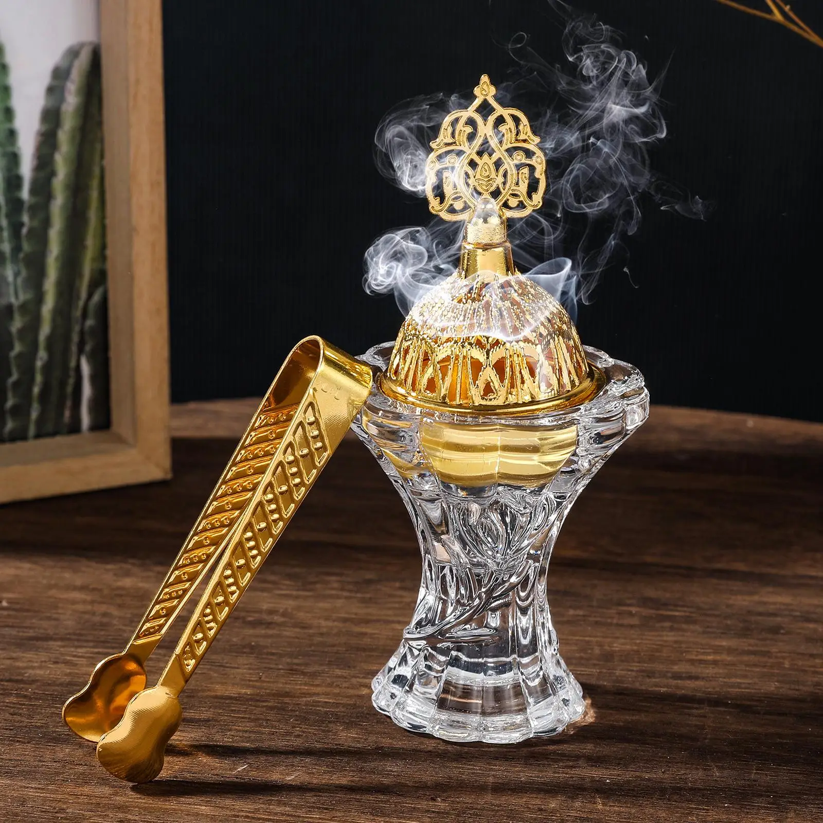 Arabian Incense Burner with Tongs Ramadan Tabletop Ornament 1.7x5.5inch Rose Embossed for Prayer, Yoga, Meditation Accessory