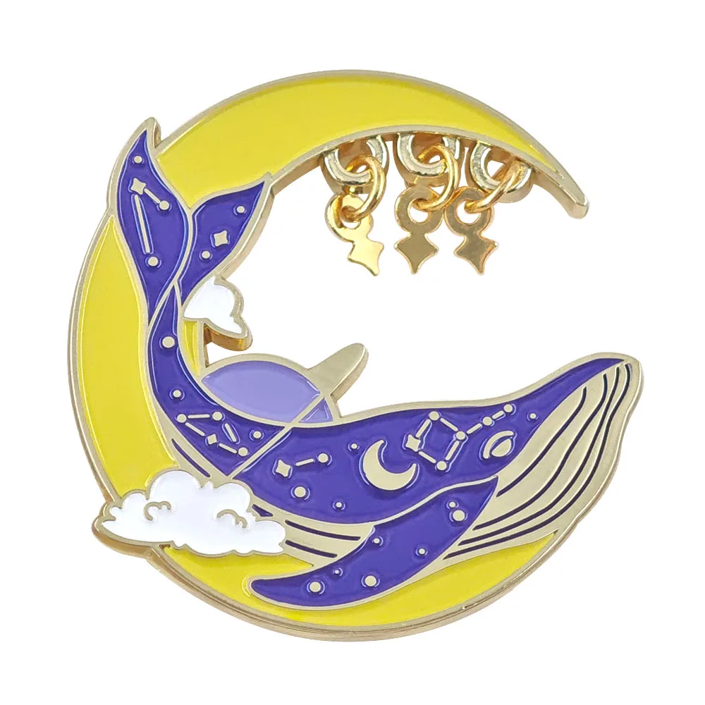 Cute Starry Whale Enamel Pins Dangling Star Brooches Blue Humpback Crescent Moon Lapel Badges Ocean Cosmic Jewelry Gift