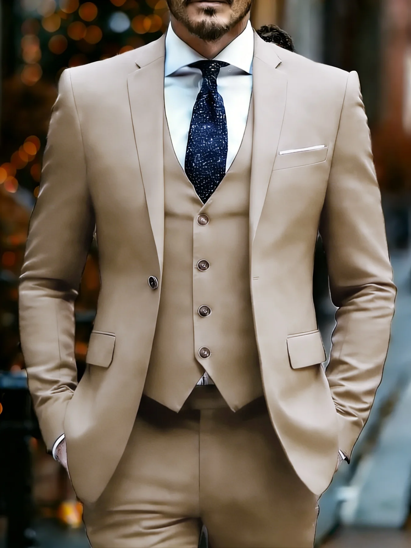 

Men's Sharp Business Suit 3-Piece Single Breasted Solid Color Elegant Office Party Wedding Set