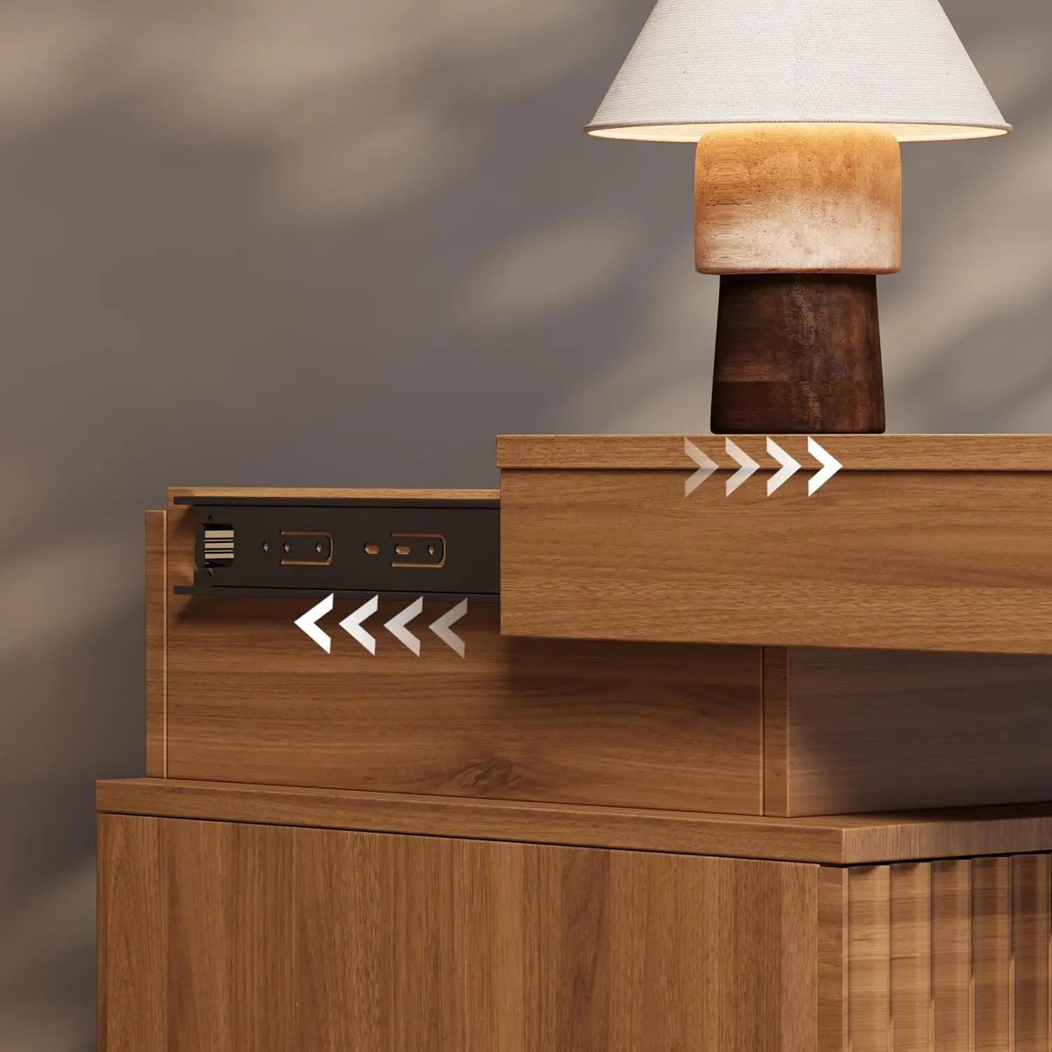 Fluted Nightstand with Charging Station and LED Light, Bedside Table with Sliding Top, USB Ports and AC Outlets, 3 Drawer Storag