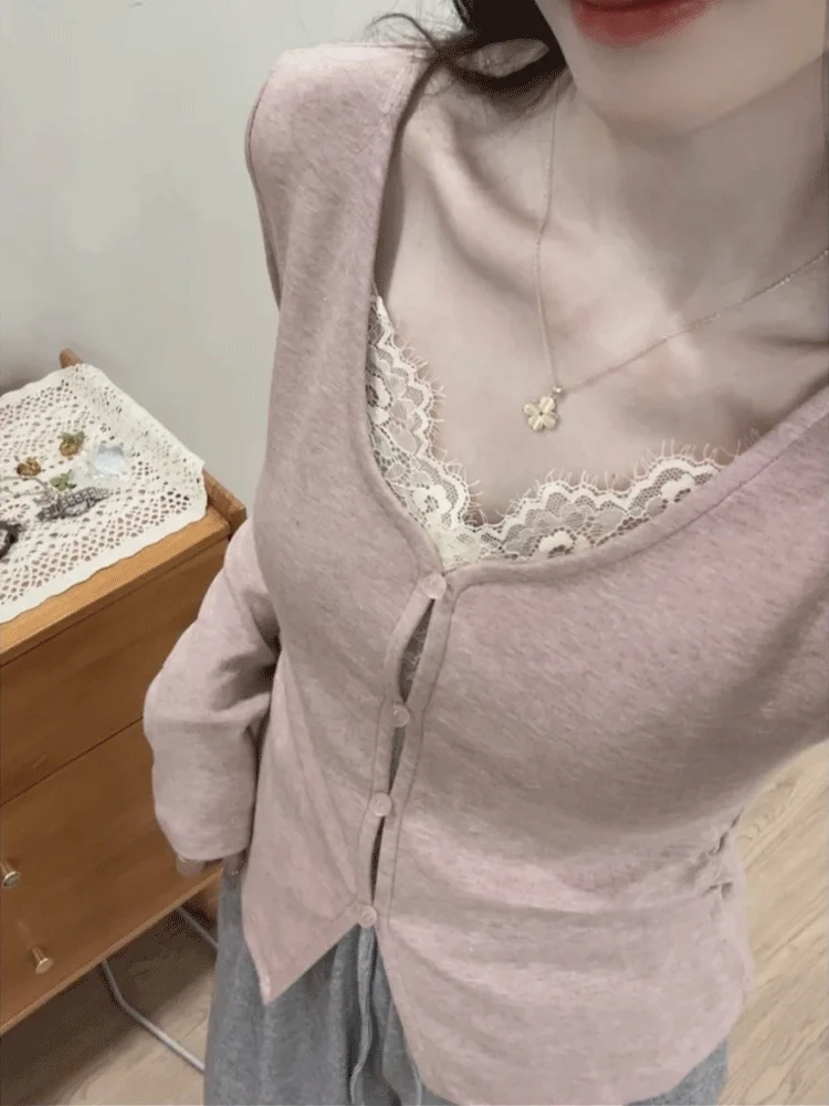 Koreanische Sle Spitze Splice Gefälschte Zwei-Stück Gestrickte Pullover frauen ort Inneren Tragen Abnehmen Top Weiche V-Ne lange Sve