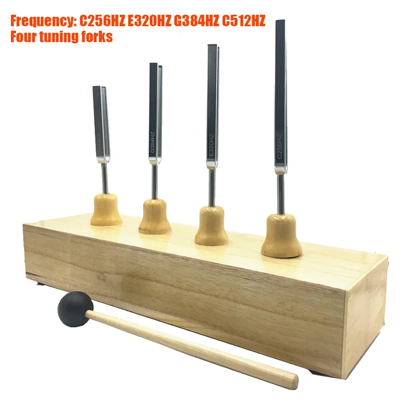 4Pcs Accurate Frequency 128HZ 256Hz 512Hz 1024HZ Music Tuning Fork Set Music Flat Fork Measure Gauge with Hammer