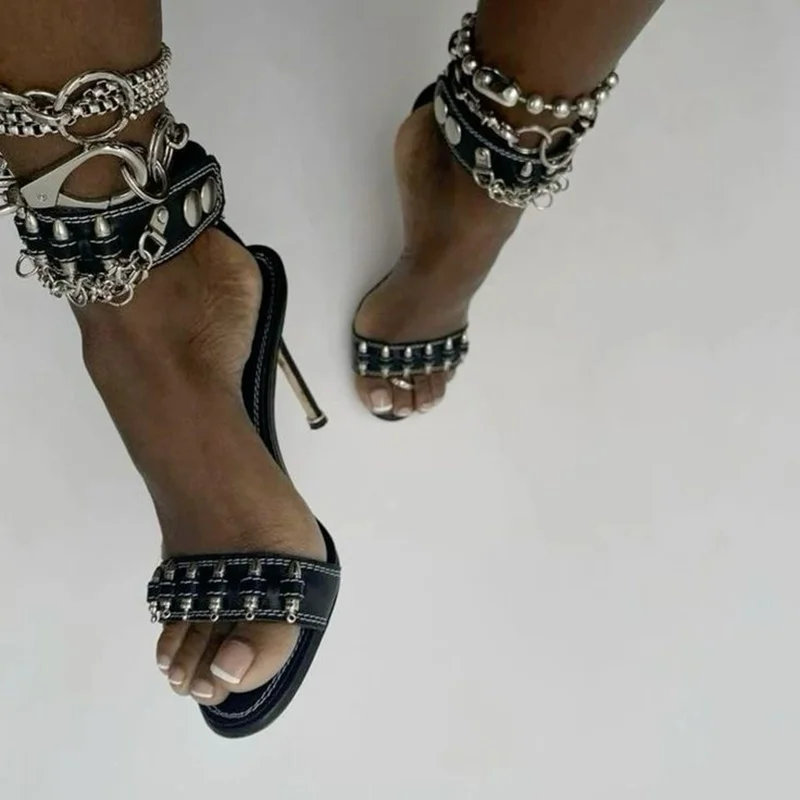 صنادل بإبزيم ماسي أسود بمقدمة مفتوحة وكعب عالٍ رفيع ومثير ومثير للصيف مقاس كبير أحذية نسائية Zapatillas Mujer