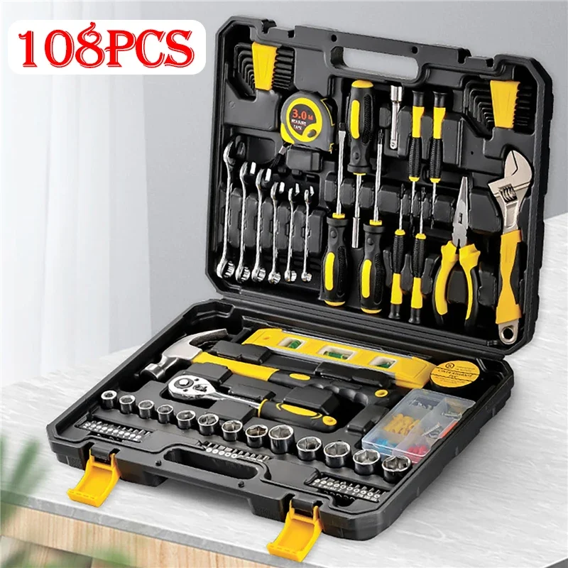 108PCS Tool Box Hand Tool Set Ratchet Wrench Screwdriver Hexagon Sockets Multi-functional Hand Tool for Home Car Repairing