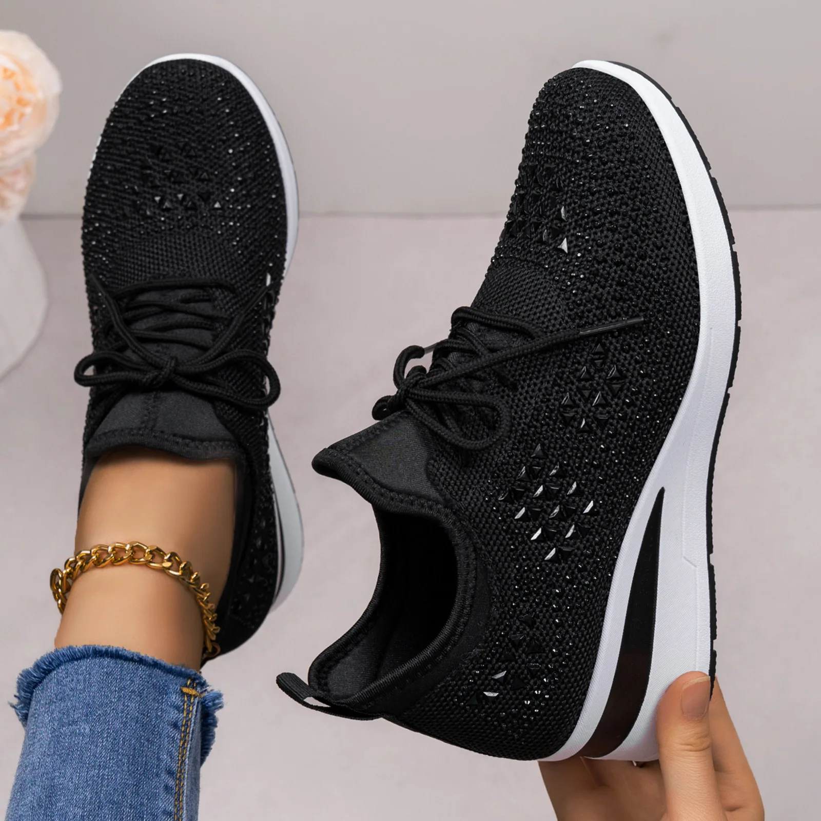 Damen-Sneaker mit Strass-Keilabsatz, atmungsaktives Strickobermaterial, versteckter Absatz, Schnürung, modische Plateau-Walkingschuhe – Detail 15