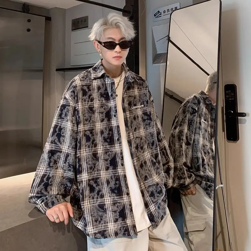 

Tie-dye Long-sleeved Plaid Shirt Men Versatile Trendy High Street Lapel Jacket