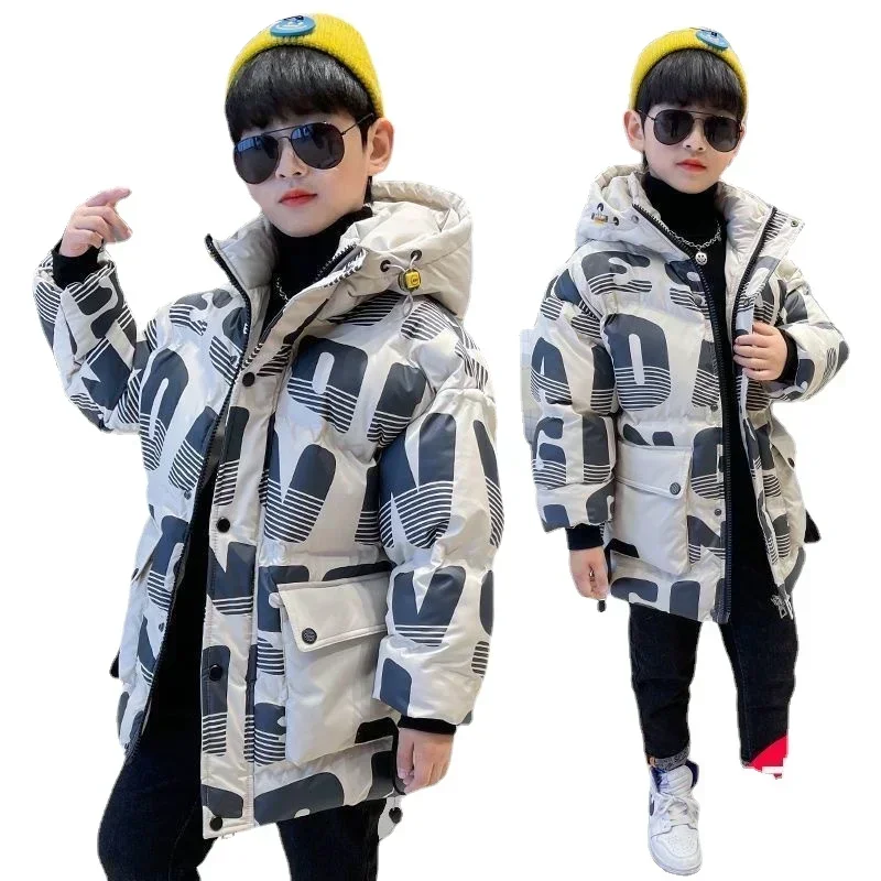 Winter Children Warm Outerwear Boys Letter Print Down Parka Coat Teenage Fashion Thicken Hooded Jackets Kids Outdoor Snowsuit