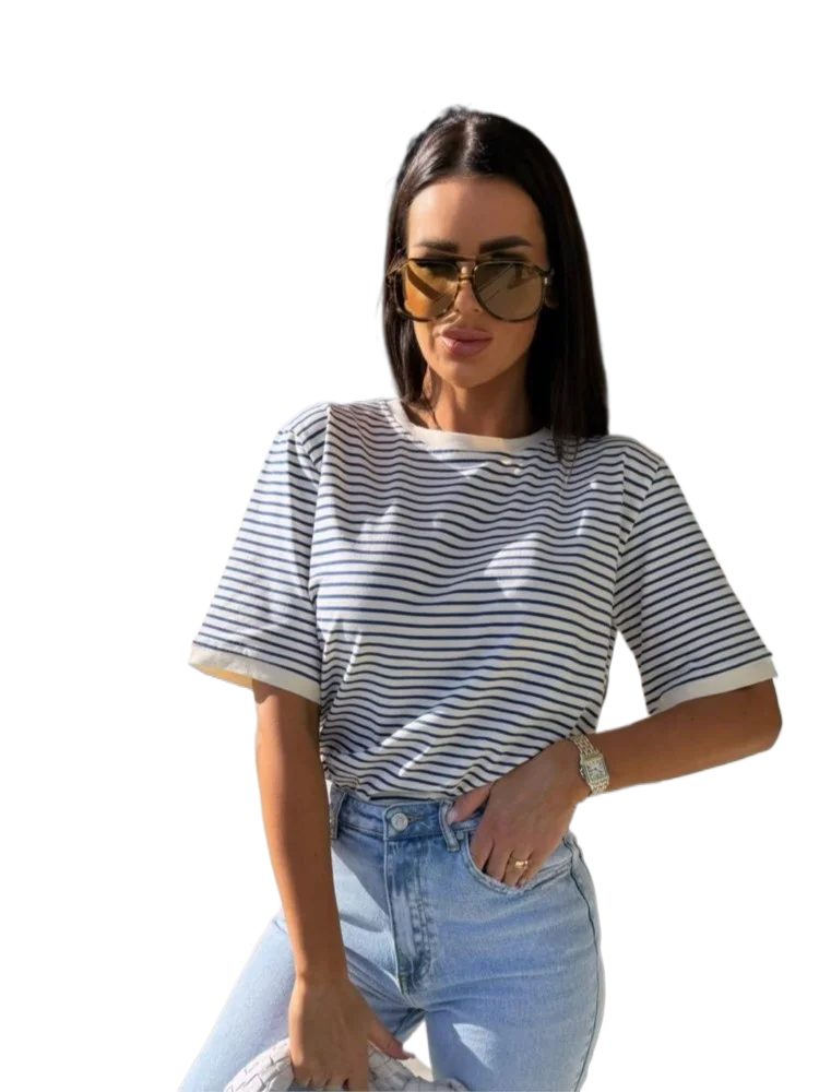 

Summer Women's New Casual Fashion Striped Round Neck Loose Color Blocked Short Sleeve Casual T-shirt