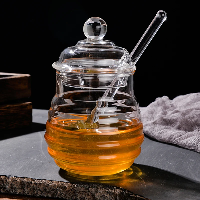 250ml Glass Honey Jar High Borosilicate Glass Honey Pot with Dipper Spoon Small Kitchen Storage Jar Container for Honey Syrup