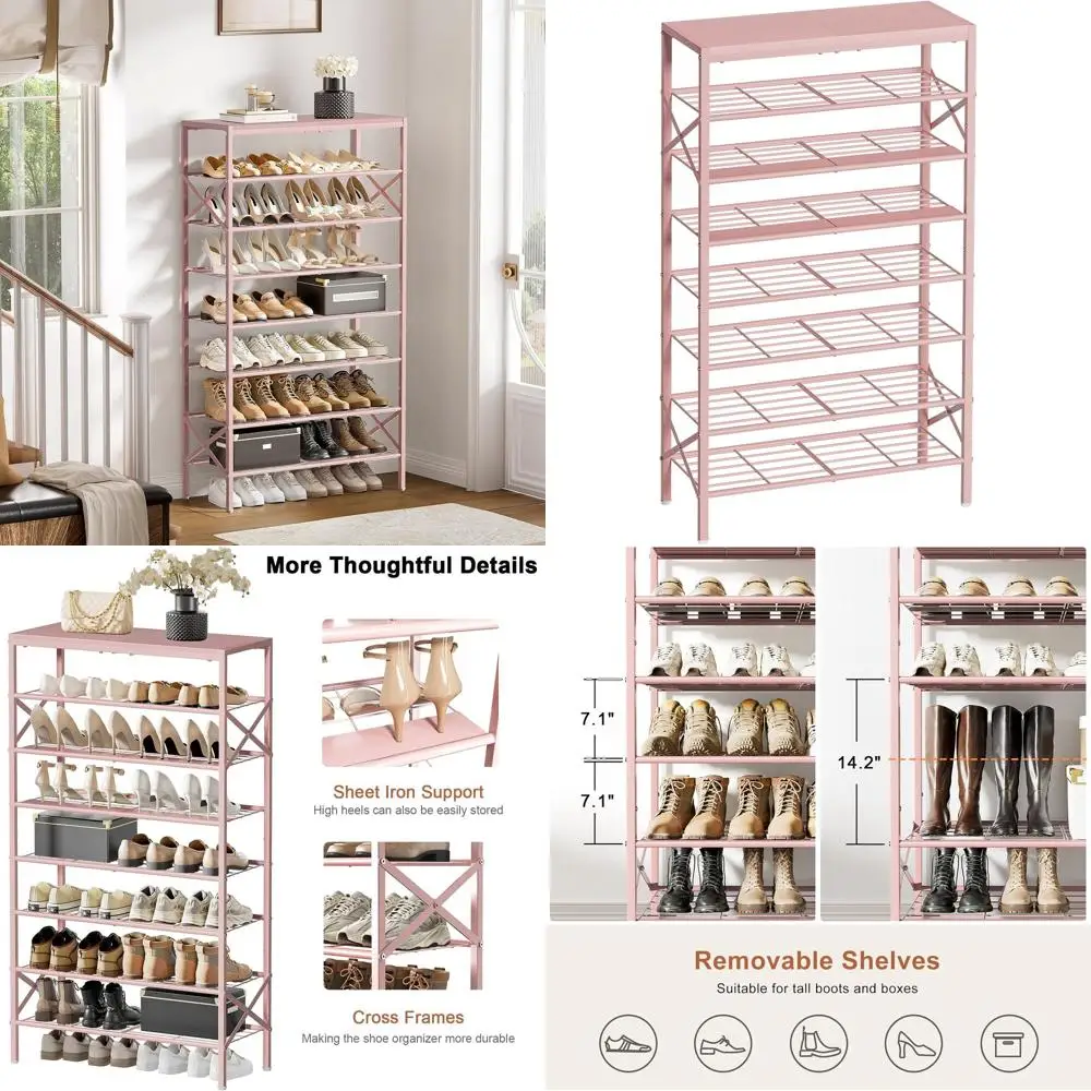

8-Tier Metal Shoe Rack with Wooden Top Shelf for 24-32 Pairs Storage - Pink