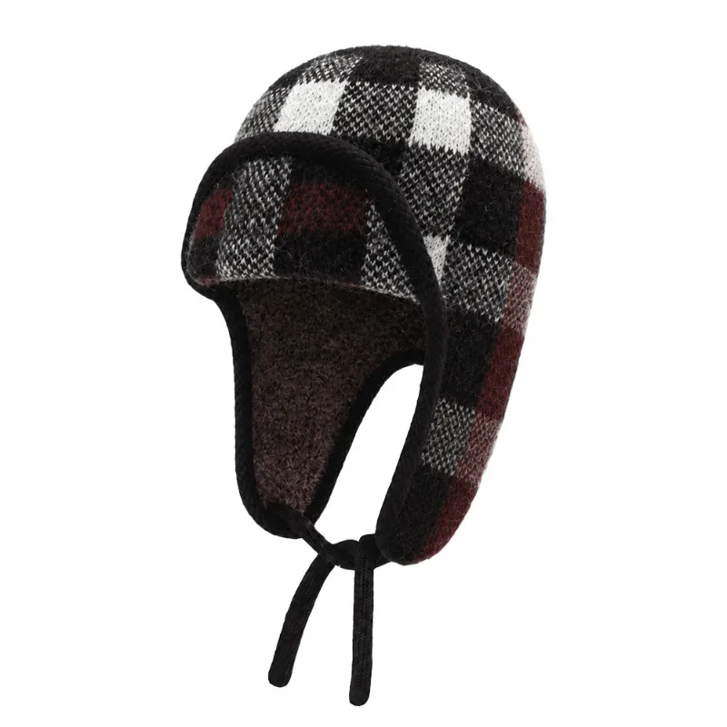 Japanische karierte Strickmütze für den Winter, zum Radfahren im Freien, warm und winddicht, mit Schnürung und Plüschfutter, Bombermütze für Männer und Frauen – Detail 6