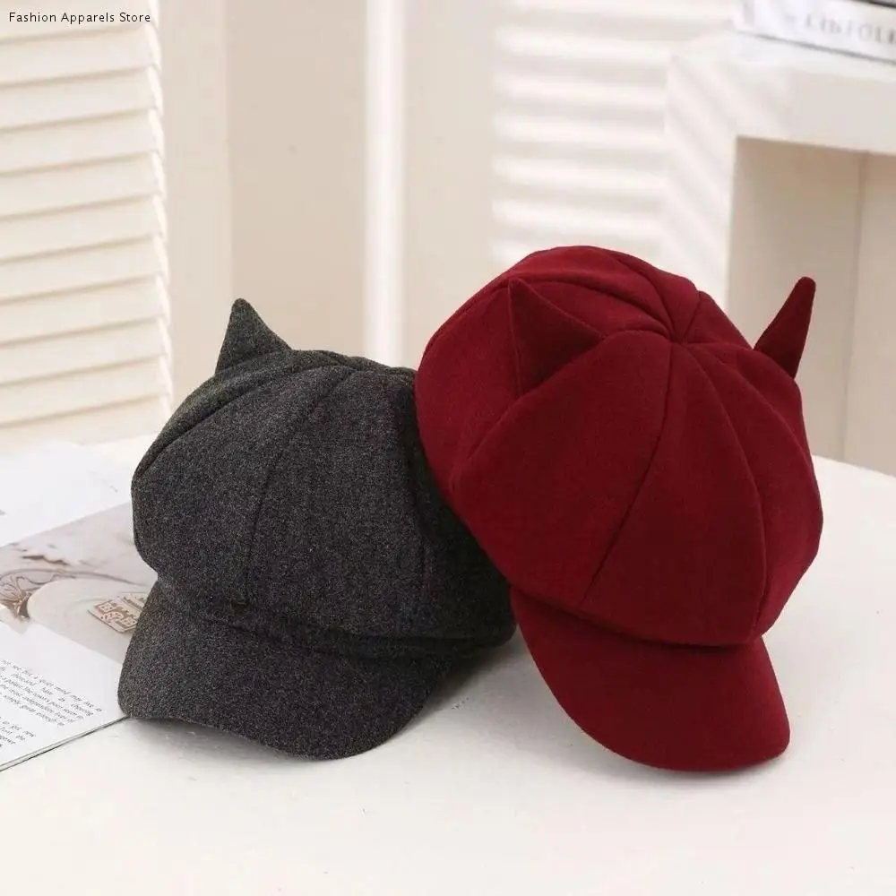 

Adjustment Cat Ear Hat Cute Cat Ears Solid Color Unisex Octagonal Cap 8 Panel Comfortable To Wear British Beret Hat for Women