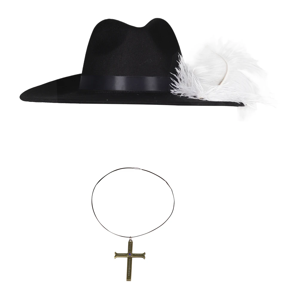 In Stock Dracule Cos Mihawk Cosplay Hat Black Cap Necklace Set With Feather Adult Men Halloween Carnival Costume Accessories