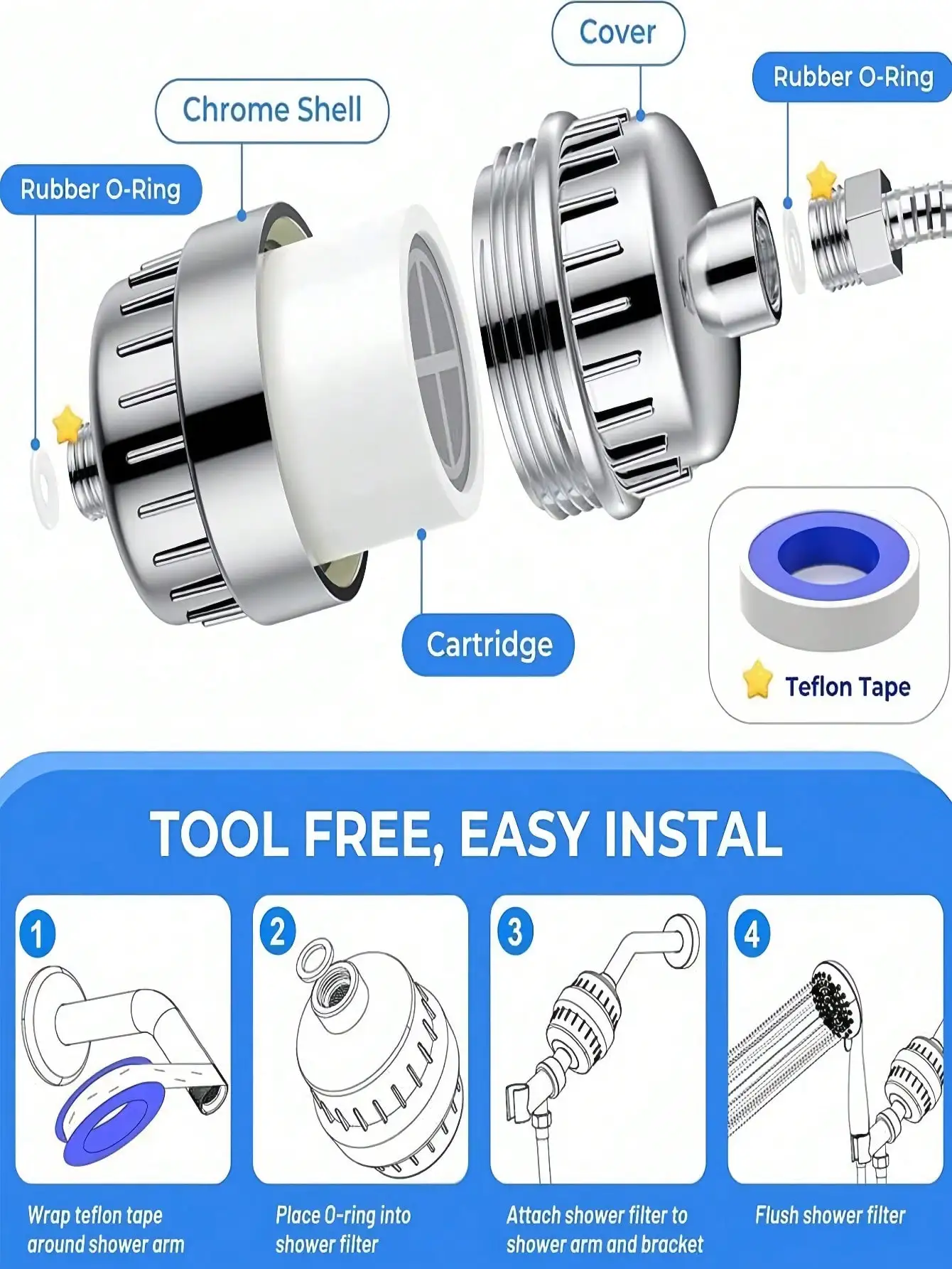 فلتر دش كروم مكون من 20 مرحلة، منقي مياه صلب عالي الضغط مع خراطيش قابلة للاستبدال