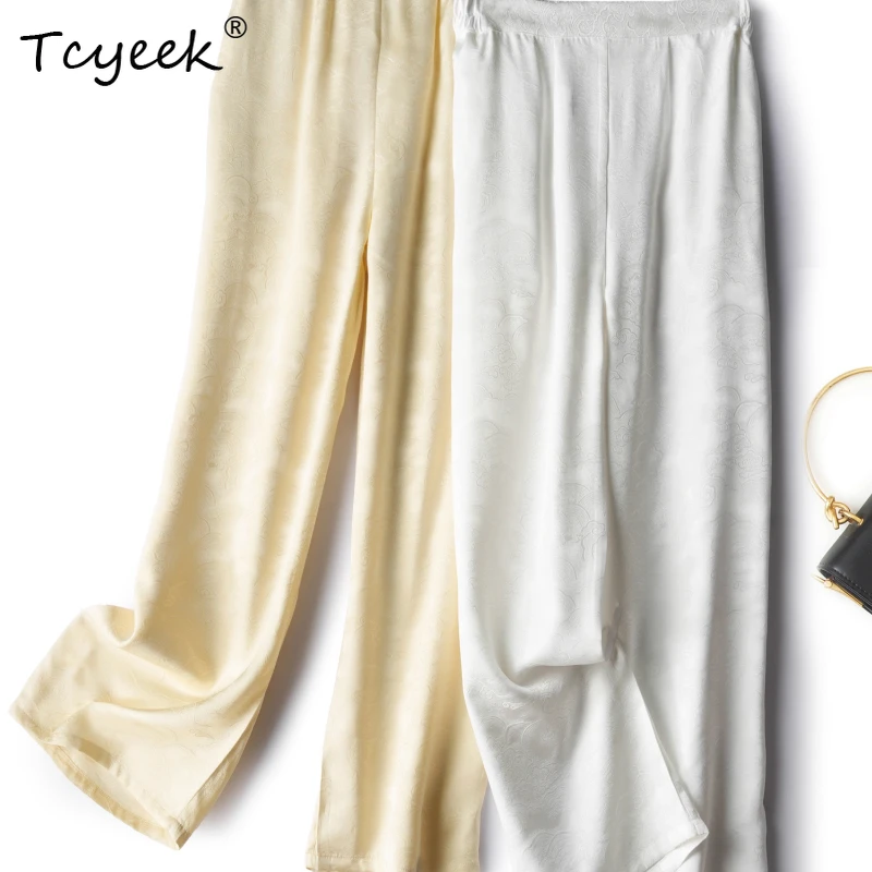 

Tcyeek 100% Real Mulberry Silk Summer Thin Wide Pants Retro Solid Color Elastic Waist Straight Leg Long Women' S Pants 여름바지 여성